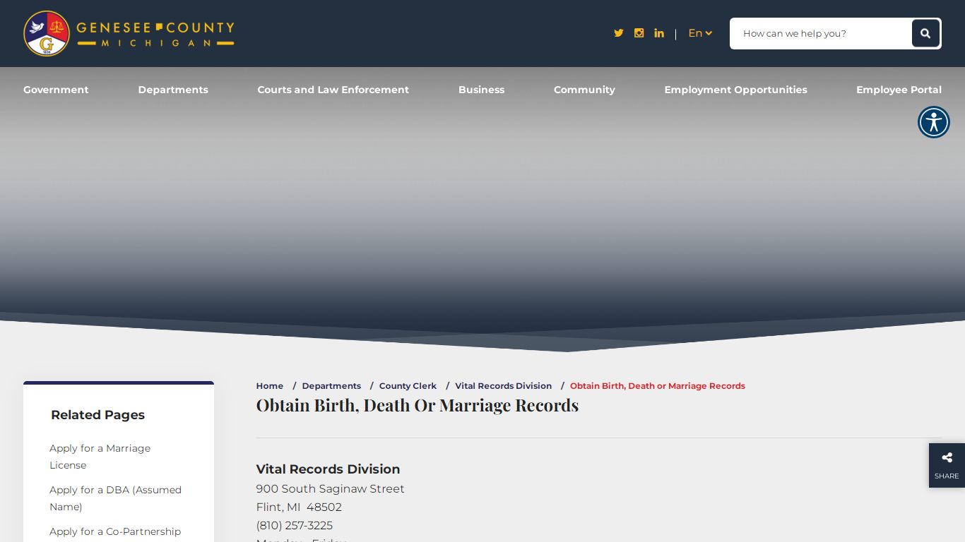 Obtain Birth, Death or Marriage Records - Genesee County, MI